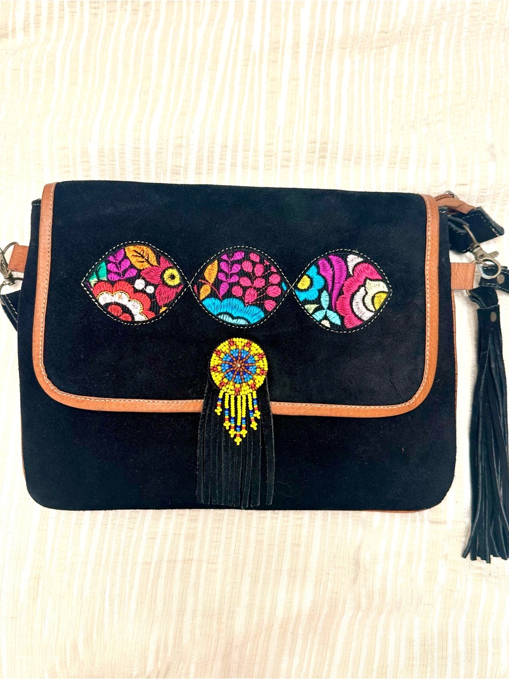 Black Suede Crossbody Bag with Colorful Embroidered Accents Handmade
